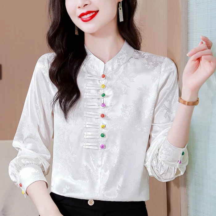 新中式国风复古盘扣衬衫女春装时尚提花缎面上衣洋气减龄通勤衬衣