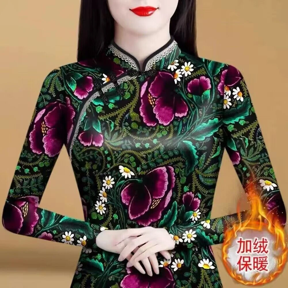 2025春秋新款一体绒加绒打底衫女装德绒保暖印花修身内搭上衣潮