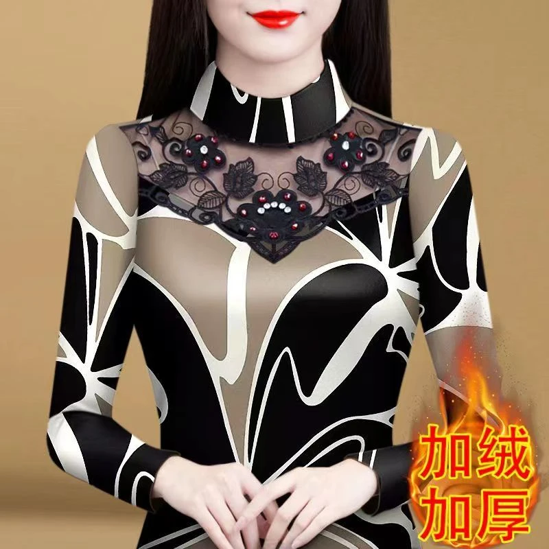 2025年新款一体绒德绒大码中年妈妈装蕾丝加厚打底衫女钉珠t恤