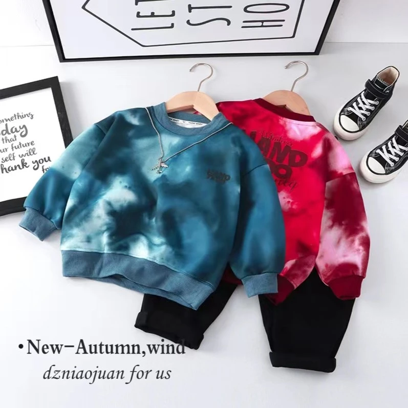 男女童打底衫长袖新款秋冬童装儿童扎染T恤批发女童圆领卫衣