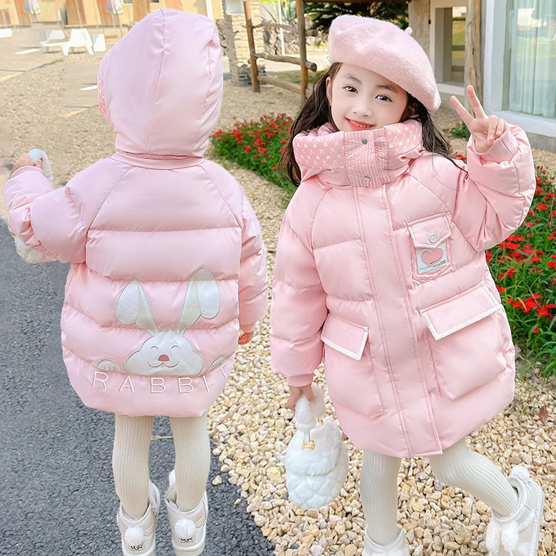 2025女童女宝新款棉衣小兔子加长加厚棉衣韩版卡通中大童幼儿园洋