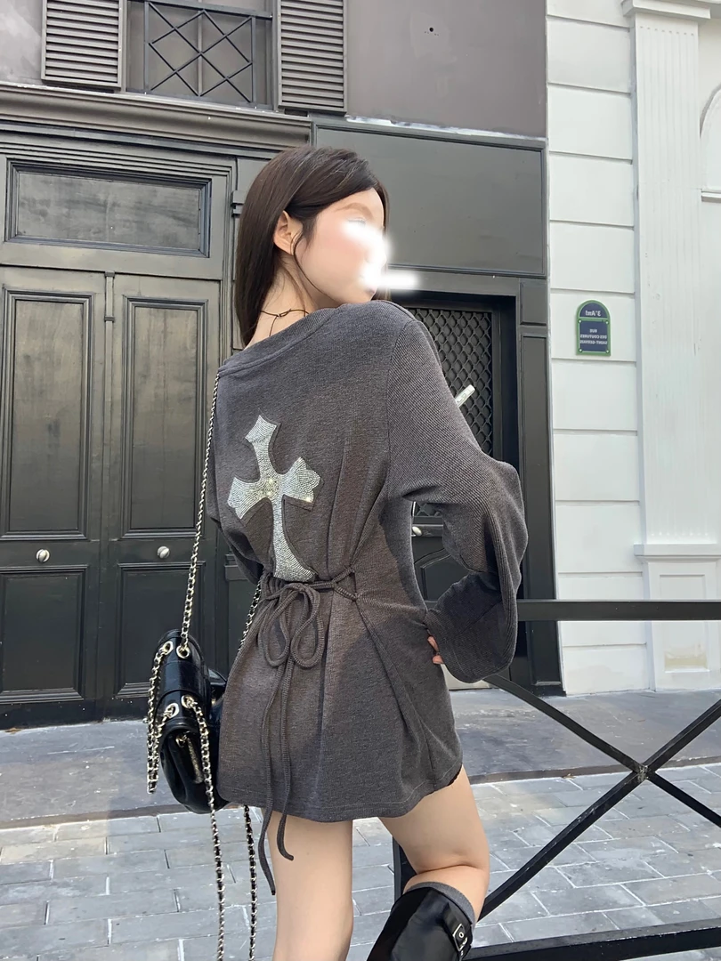 十字架v领长袖针织连衣裙女秋季修身绑带短裙气质收腰灰色a字裙子