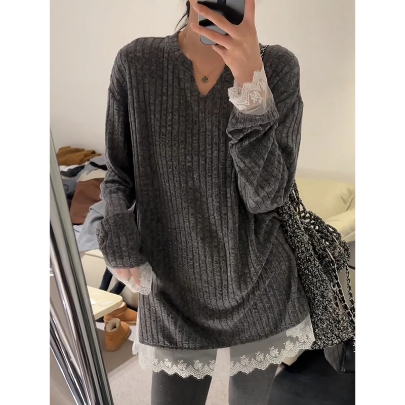 港味秋季新款休闲简约宽松气质慵懒洋气坑条宽松中长款百搭T恤女