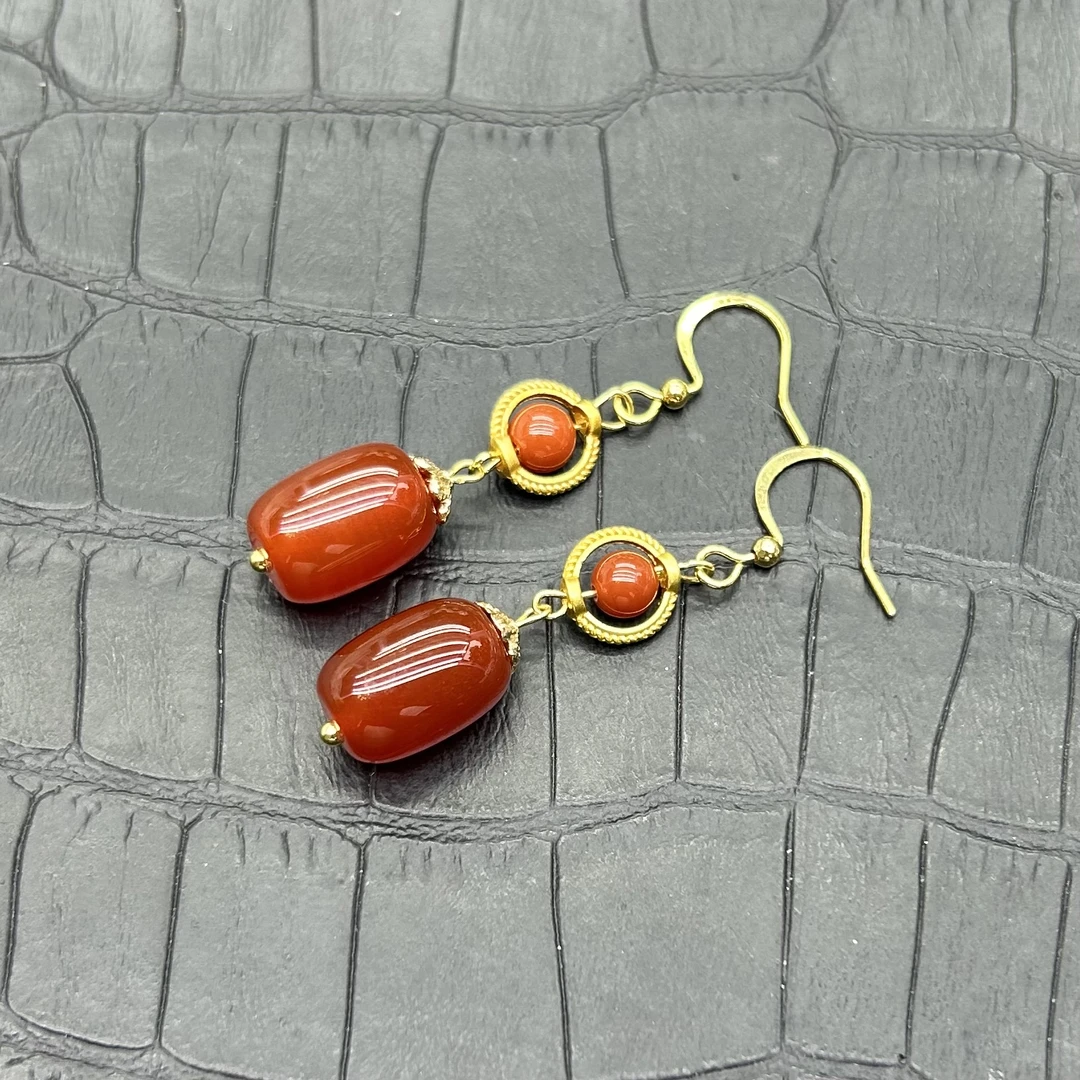 天然冰红玛瑙耳坠双珠耳勾国风长款