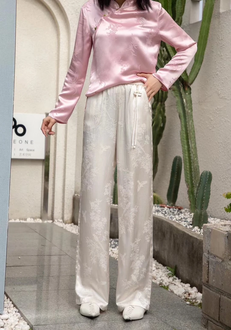 天丝麻提花直筒国风窄版直筒裤9275