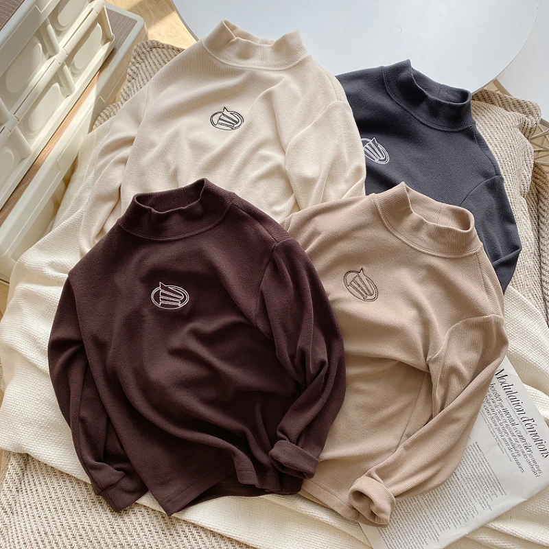 男童半高领打底衫秋冬2025男孩高弹中领长袖儿童装刺绣休闲长袖