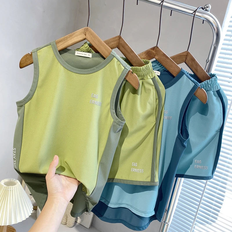 男童夏装套装2025男孩速干透气运动背心短裤宝宝休闲无袖背心套装