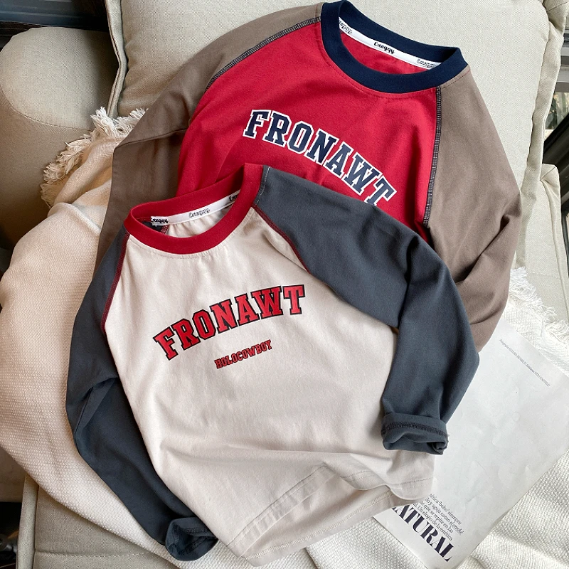 男童春秋款长袖T2024新款儿童插肩袖长袖T宝宝撞色打底衫上衣