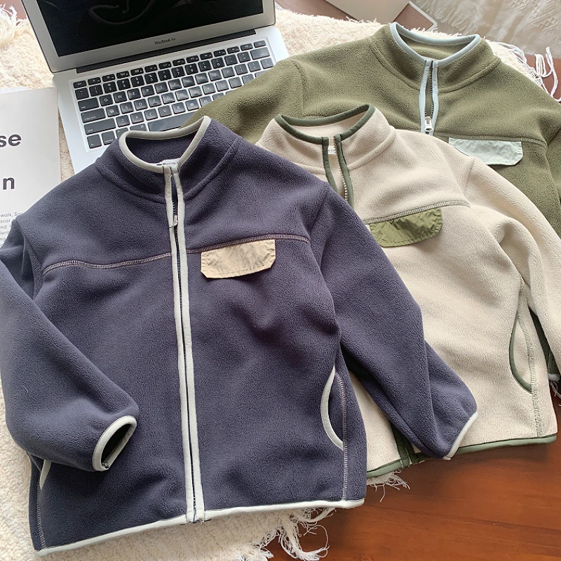 男童外套2025冬季新款儿童摇粒绒拼接立领外套男孩保暖运动上衣