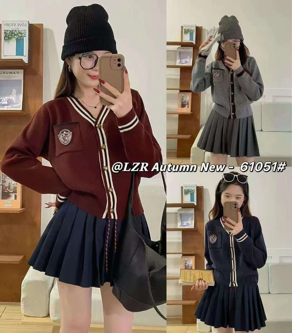 61051时尚V领拼色针织开衫女宽松秋冬装新款洋气百搭毛衣外套上衣