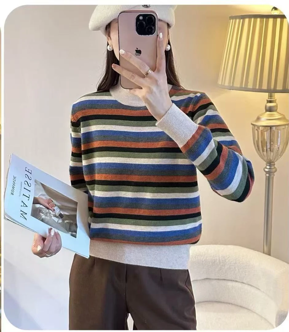 1266彩条宽松百搭打底羊毛衫