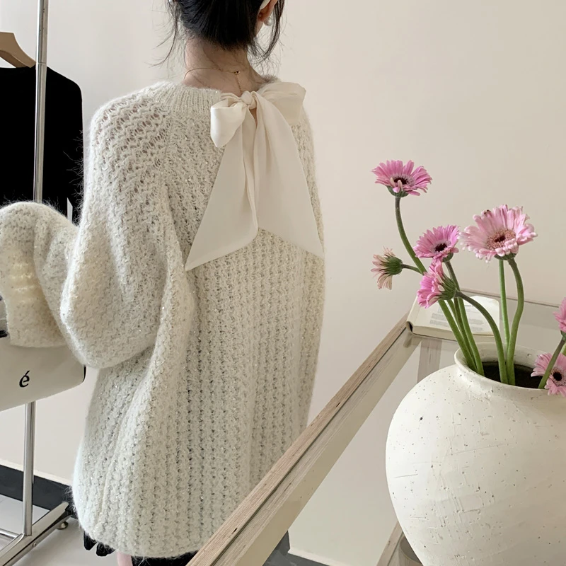 蝴蝶结毛衣外穿女2024新款秋冬季设计感宽松慵懒风套头针织衫上衣