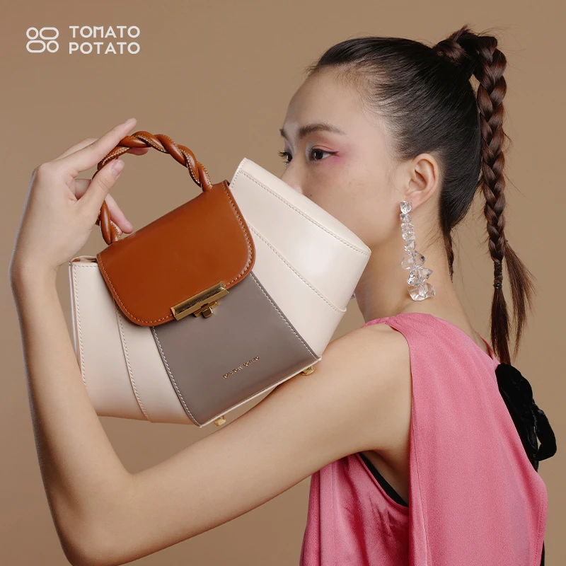 新中式贝壳小众设计百搭牛皮女士斜挎包真皮拼色单肩简约手提包