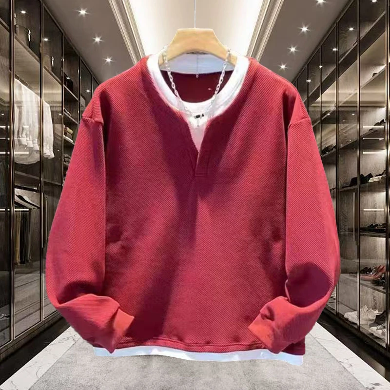 假两件拼接卫衣2024秋季新款男士宽松圆领纯色打底衫高档长袖上衣