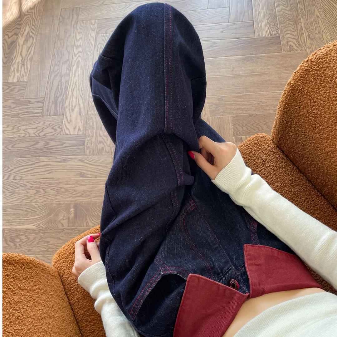 【J.H】时尚新款安哥拉红个性拼接牛仔阔腿女高腰修身显瘦舒适百搭