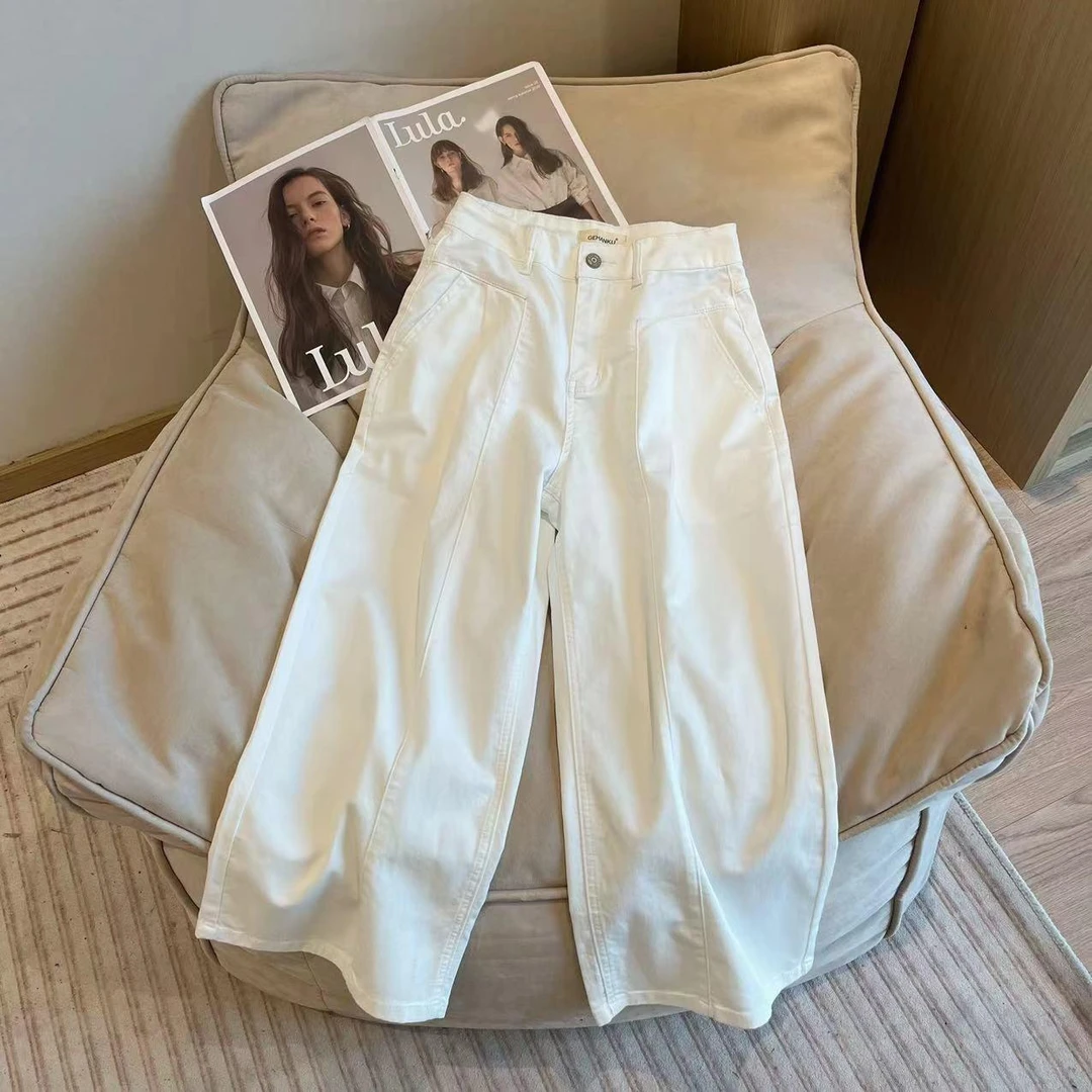 丹宁蓝春季新款九分阔腿牛仔裤女高腰宽松八分小个子直筒裤显瘦潮