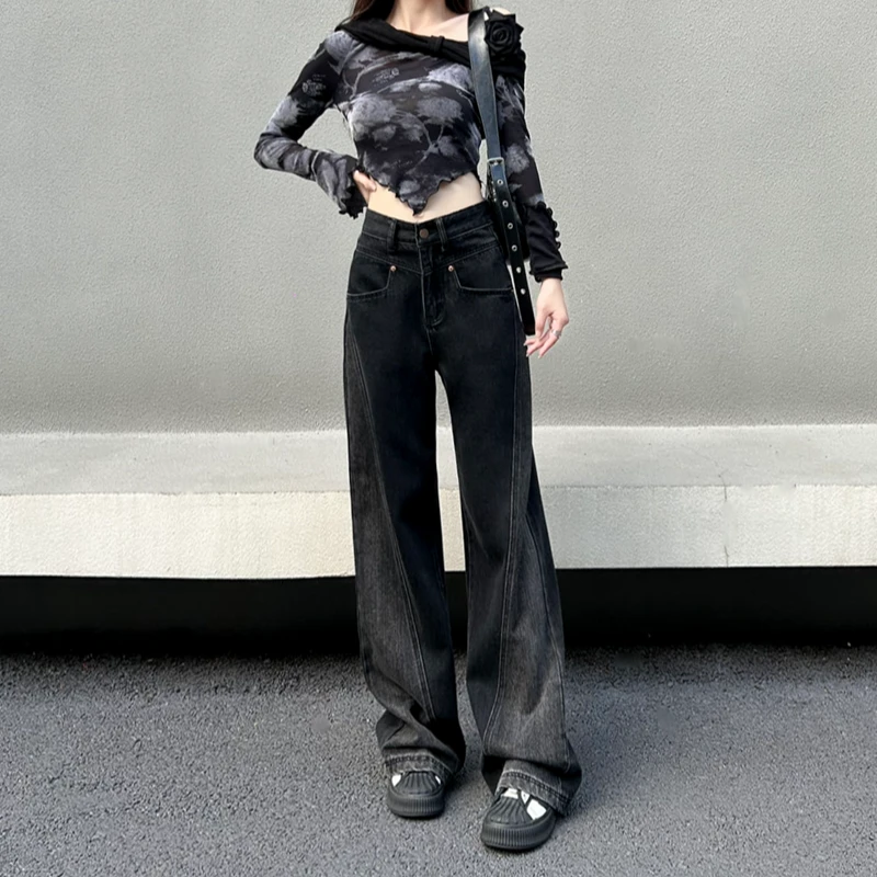 【J.H】秋季新款女拖地拼接设计感显瘦牛仔裤女水洗百搭阔腿拖地裤