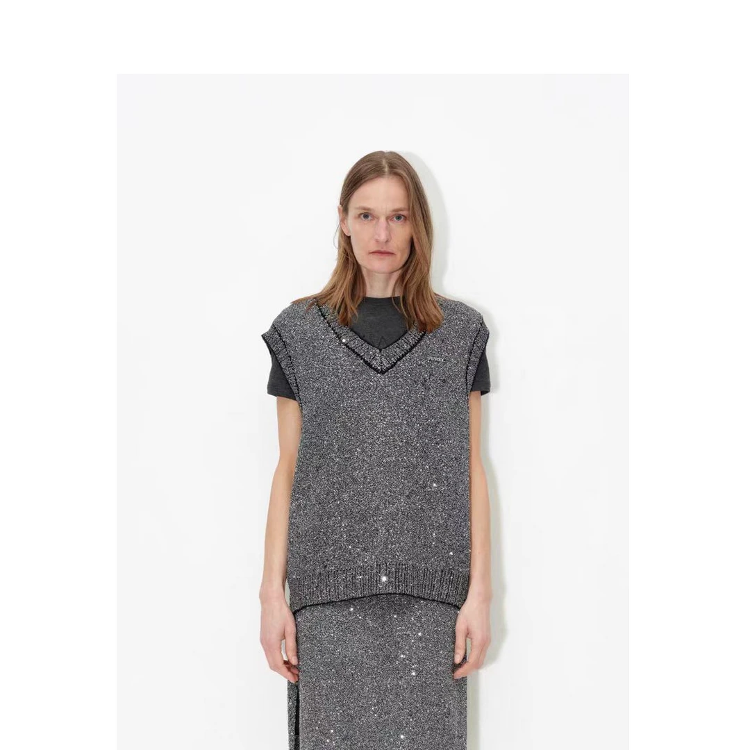 2024年秋季新品解构真两件珠片纱V领短袖背心