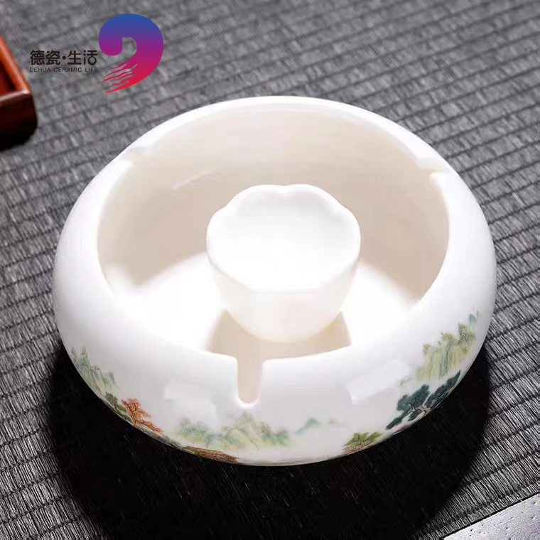 德艺B098羊脂玉描金锦锈山河创意卡槽干泡大号烟灰缸家用陶瓷白瓷