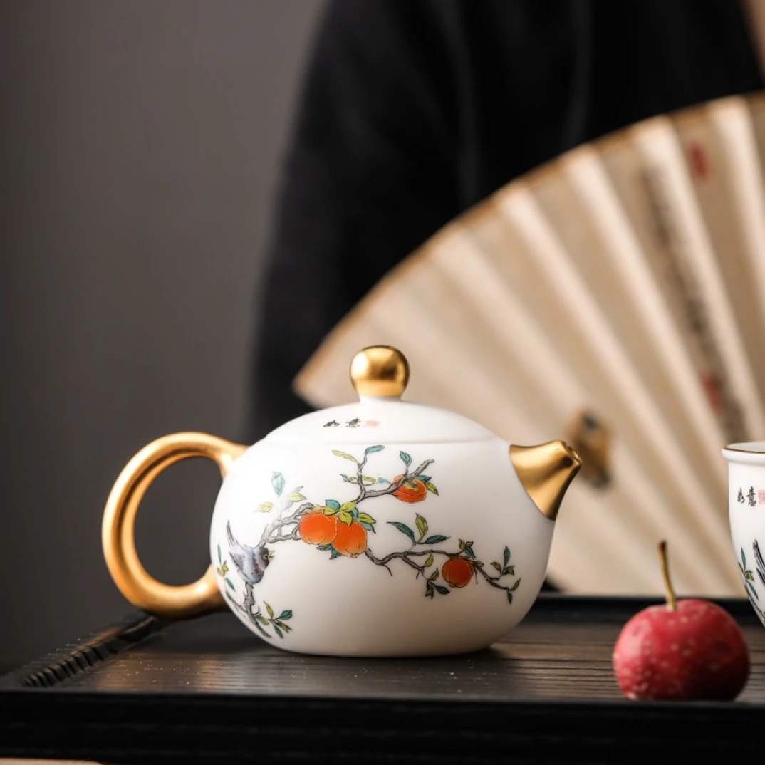 德艺  X283羊脂玉瓷手绘描金柿柿如意西施壶200ml左右复古陶瓷