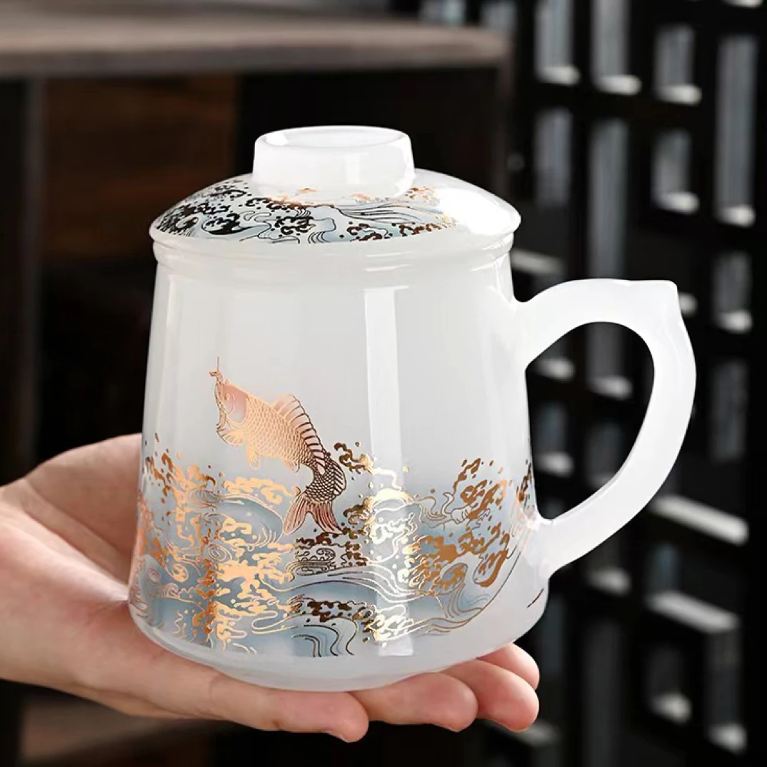 德艺琉璃玉瓷泡茶杯茶具描金鱼跃龙门办公杯家用约450ml高档茶杯