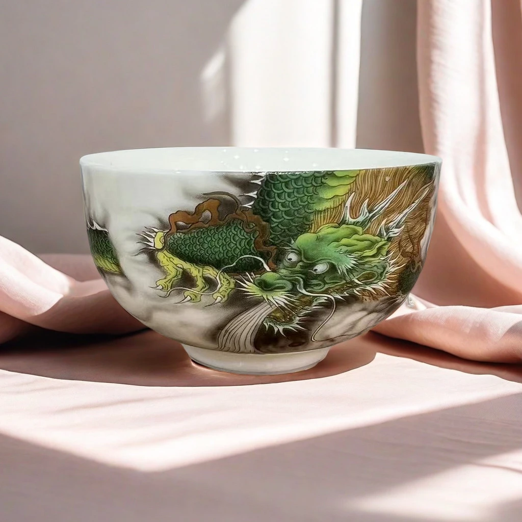 德艺  L179羊脂玉瓷手工浮雕青龙茶碗约150ml陶瓷中式复古家用