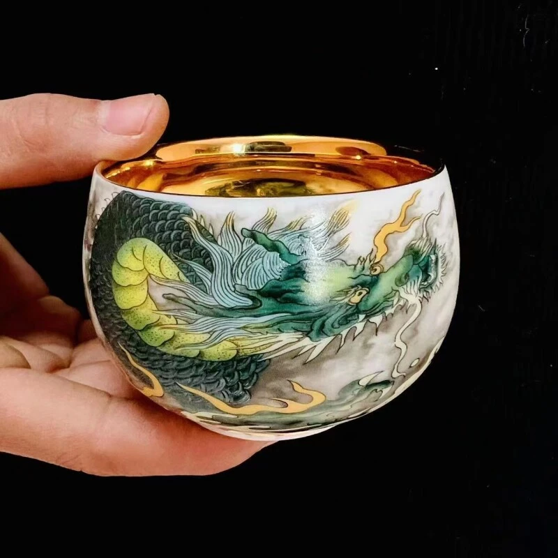 德艺  C290周鸿杰手工浮雕青龙鎏金禅定主人杯约180ml禅定杯大号