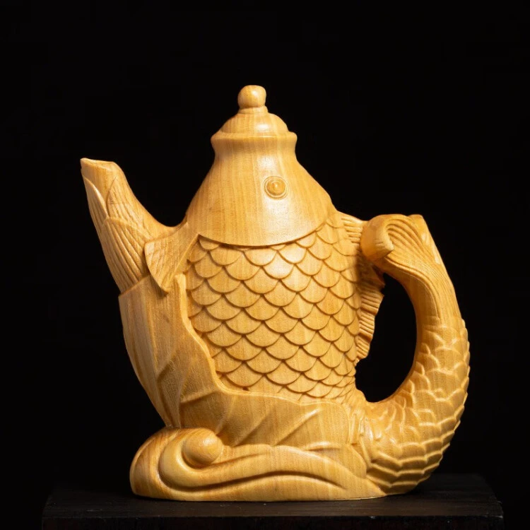 乐清黄杨木雕工艺品摆件茶壶把把壶实木创意文玩手把件年年有余