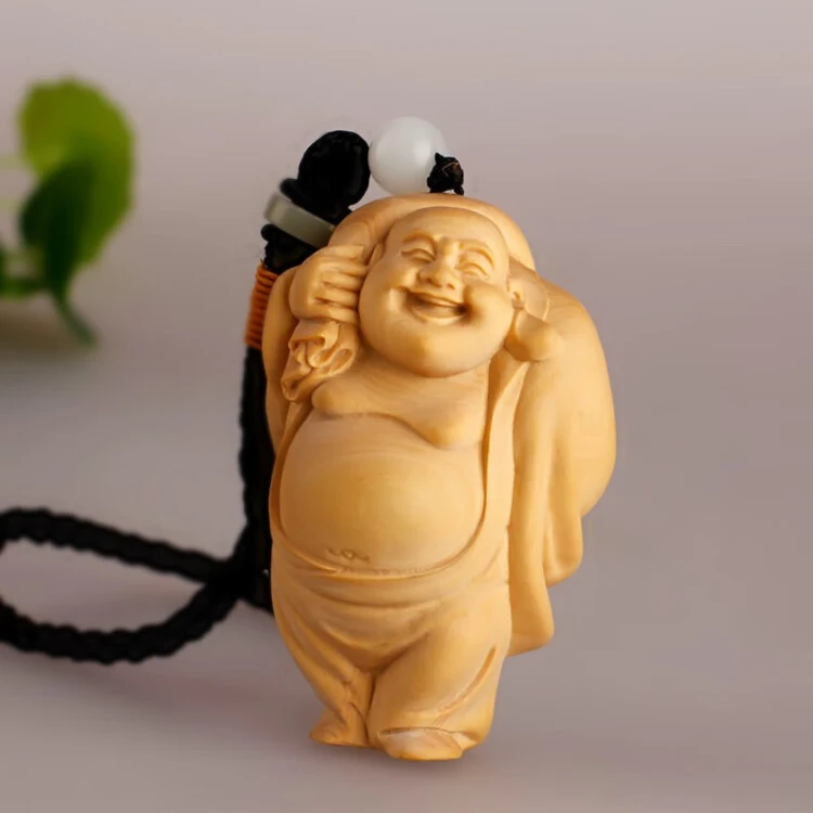 黄杨木雕刻创意钥匙扣布袋弥勒佛摆件手把件把玩文玩手工实木挂件