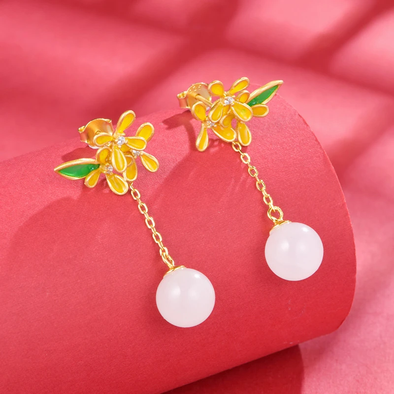 合金珐琅耳饰 42号～国潮925耳钩景泰蓝白色圆珠两用款气质耳环