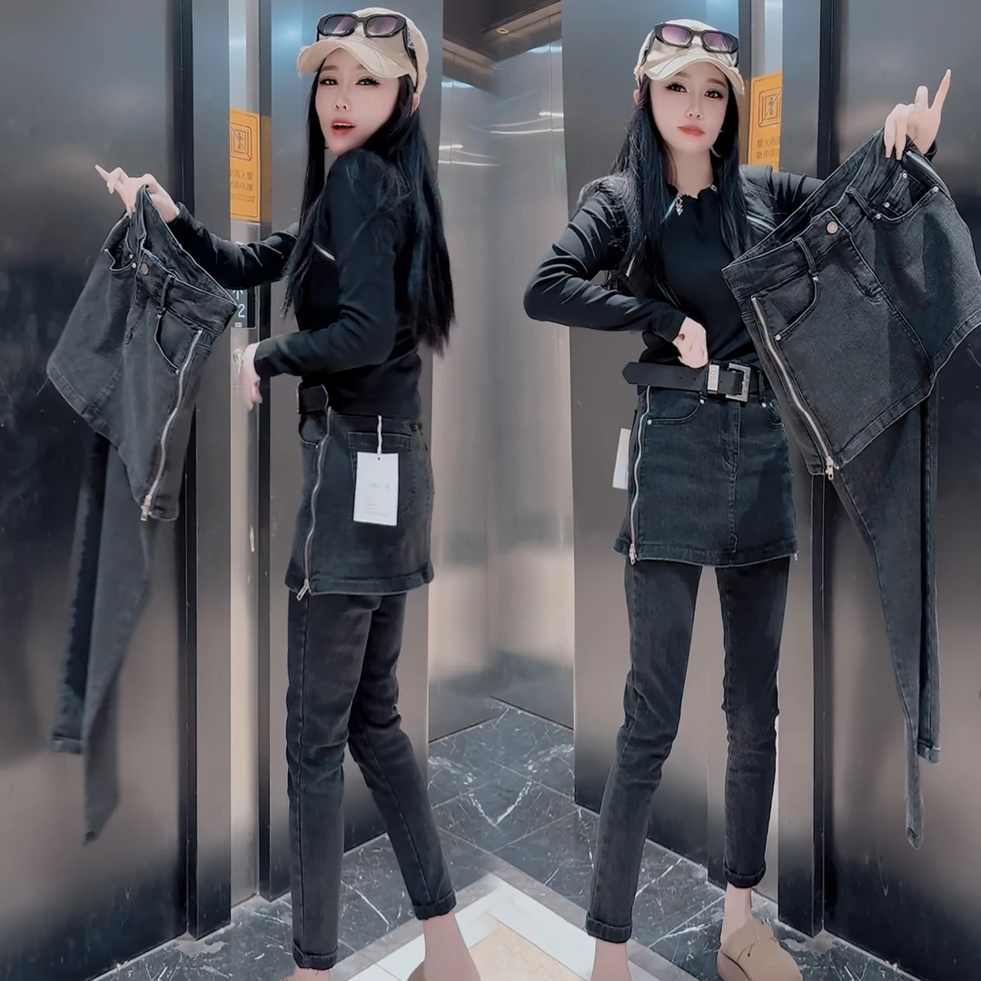 2025新款秋冬季时尚假两件设计百搭加绒紧身裤 高弹灰色紧身1225