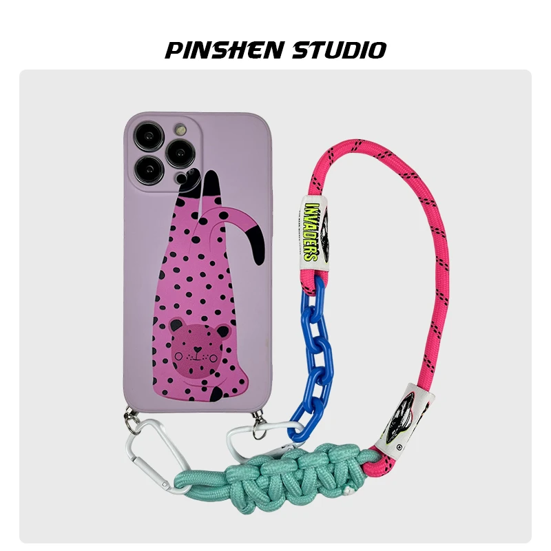 粉色老虎潮流编织绳手提适用于苹果/荣耀/华为手机壳单肩背带斜挎