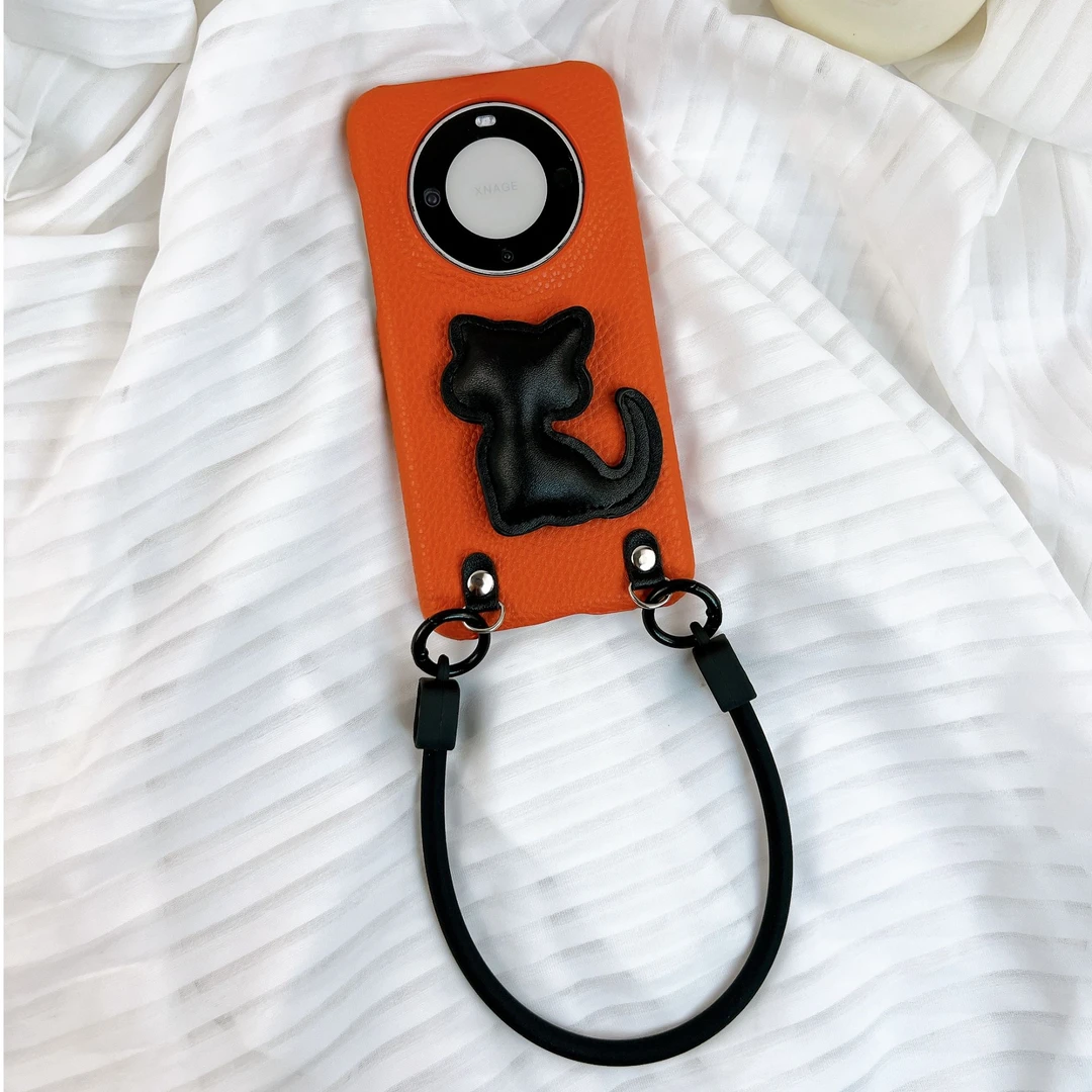 原创皮质夏日橘皮质小黑猫液态硅胶手提适用华为mate60pro手机壳