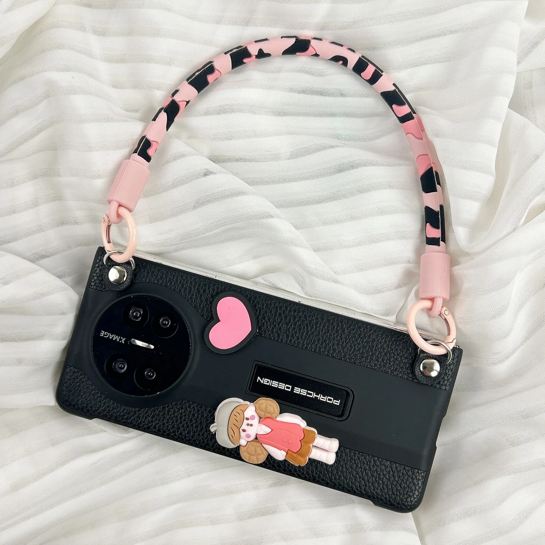 品申原创质感黑爱心女孩配饰豹纹手提适用华为matex5折叠手机壳