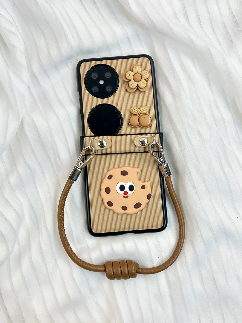 竖纹皮质中轴卡通饼干贴饰皮质手提适用华为pocket 2折叠手机壳