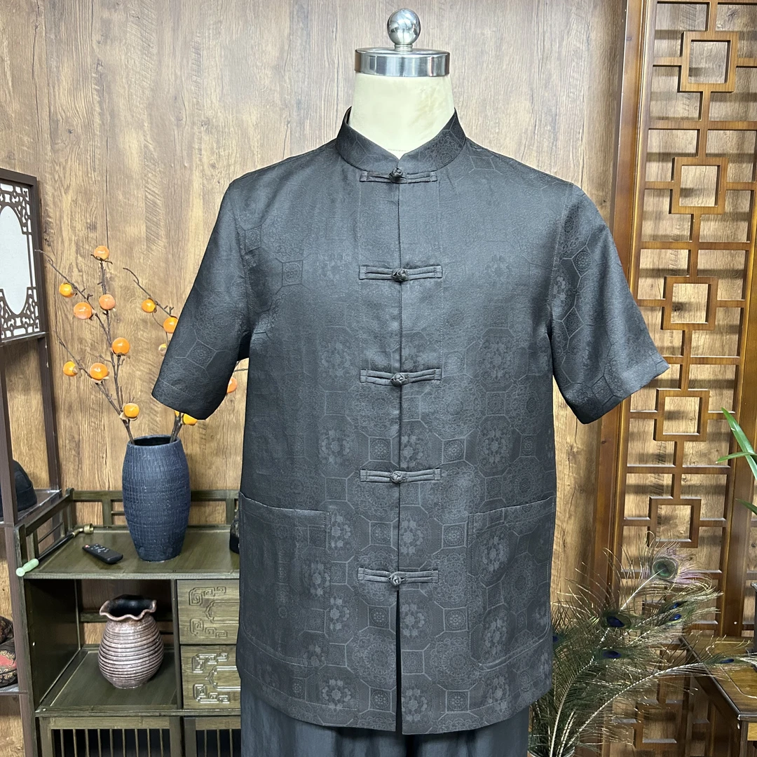 2024新款 香云纱桑波锻双面穿男式新款短袖 新中式男装复古上衣
