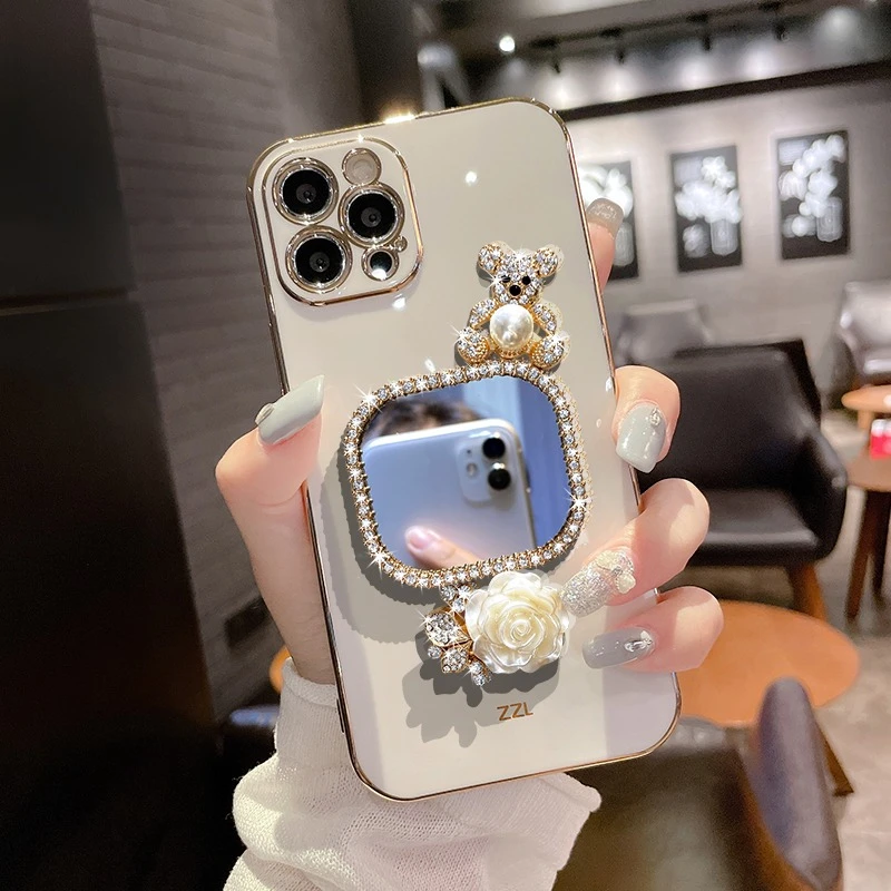 适用带镜子苹果16手机壳iPhone15promax/14女款13/12/11电镀xr xs