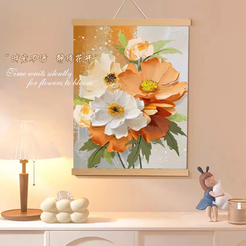 植物花卉卷轴实木国潮装饰画客厅玄关沙发背景墙家居饰品挂画