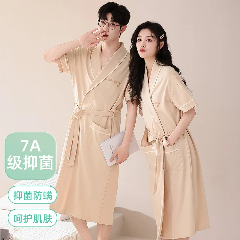 100%纯棉情侣睡衣女夏季短袖睡袍2024年新款男士全棉浴袍家居服夏