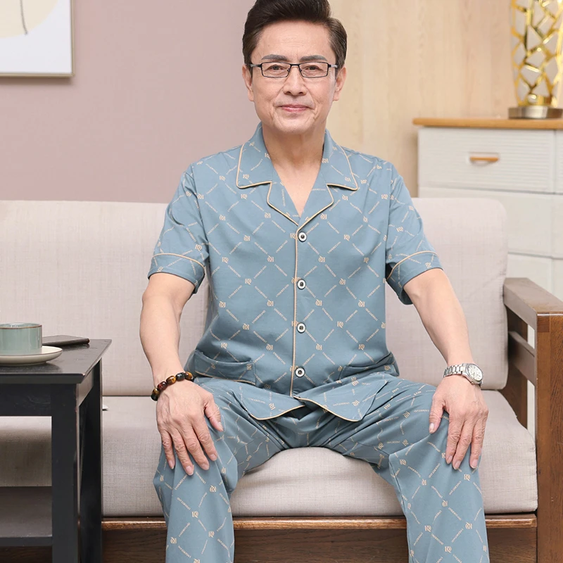 高档纯棉男士睡衣春夏中年爸爸短袖长裤套装中老年人男开衫家居服