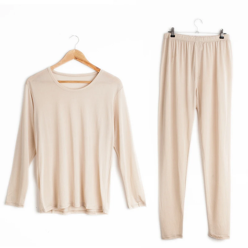 桑蚕丝男士保暖秋衣秋裤舒适薄款打底内衣套装无痕圆领长袖1058