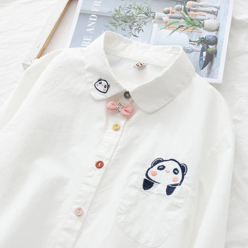 2023秋冬新款打底衬衫女童学院清新长袖纯色白衬衣可爱猫刺绣上衣