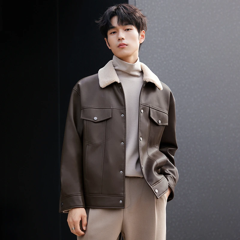 毛领pu皮衣夹克男士秋冬季高档新款高级感夹棉男装外套百搭JK266