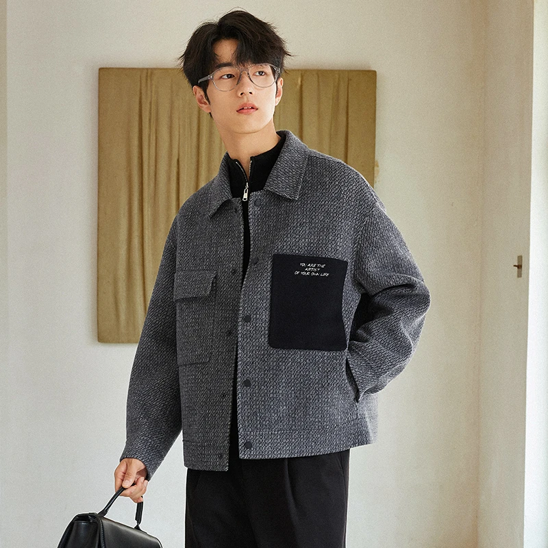 肌理感双面呢羊毛拼色夹克男款休闲秋冬季上档次男装新款外套Y606