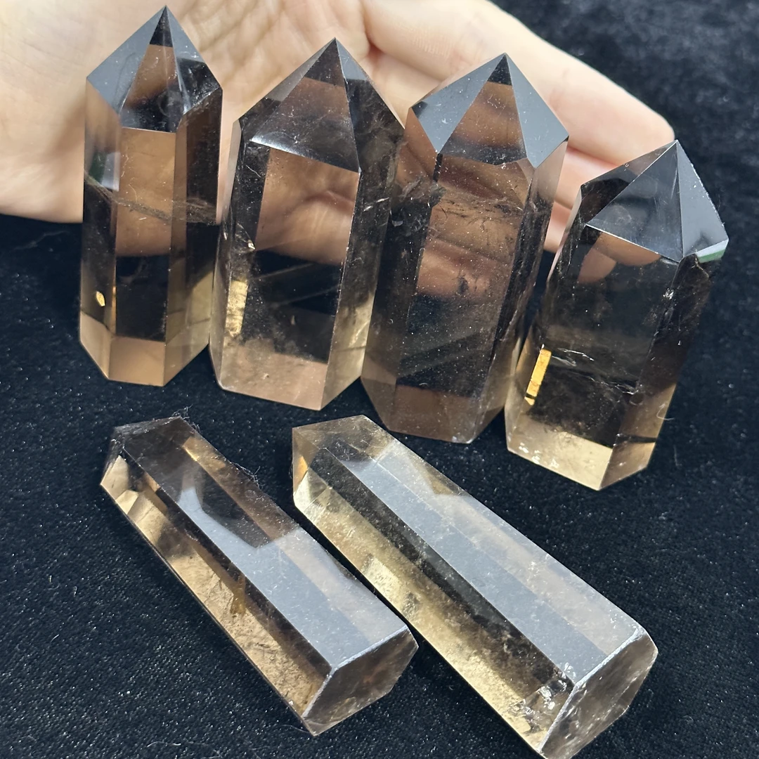 茶色水晶六棱单尖柱批发零售家具办公室店铺水晶工艺品装饰摆件