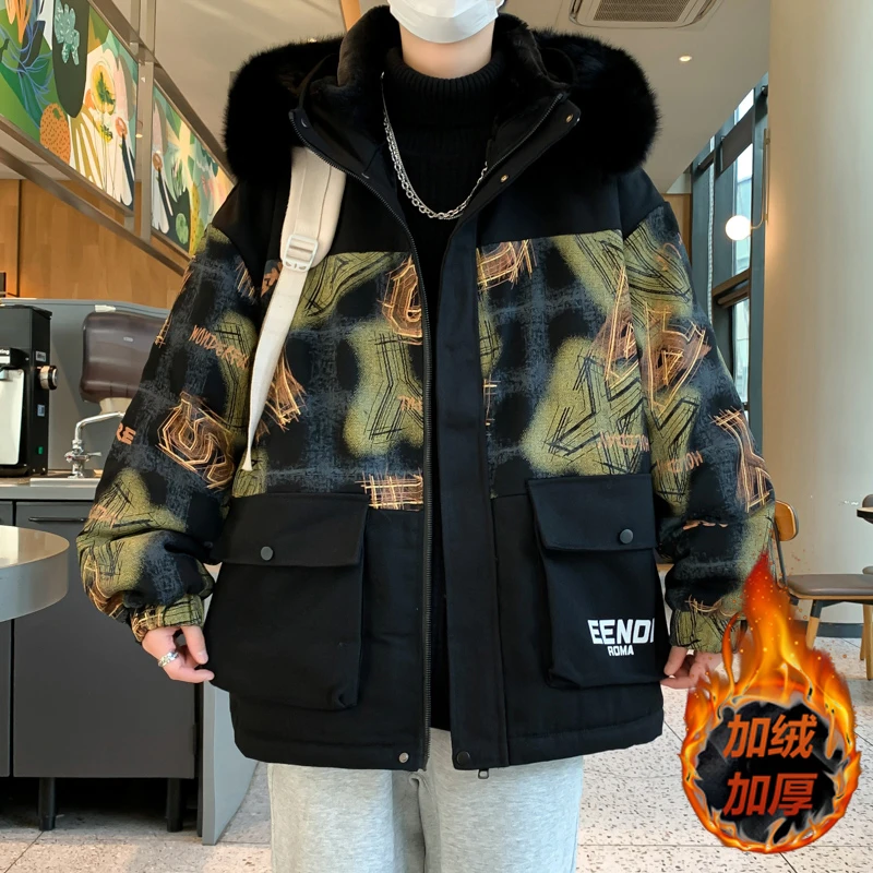 冬季男生加绒加厚加棉连帽夹克外套港风潮流时尚帅气防风抗寒保暖