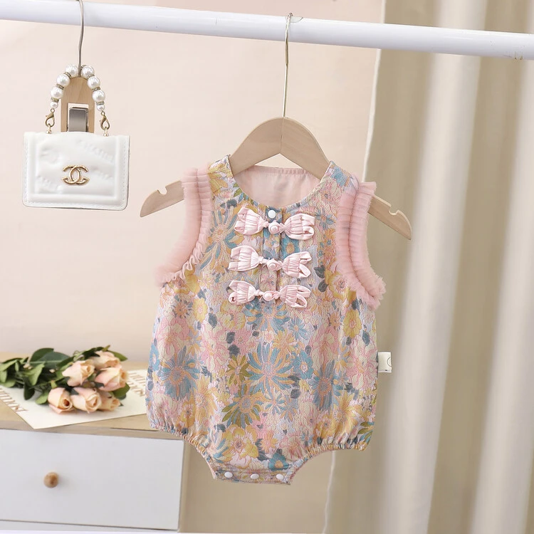 婴儿夏季衣服无袖包屁衣中国风女宝宝薄款满月连体衣新生儿三角爬