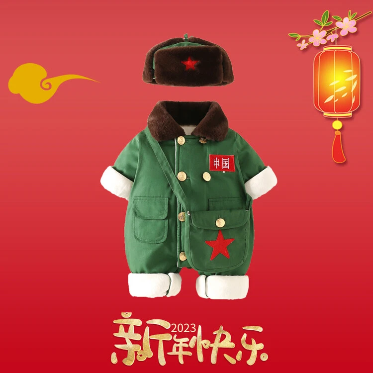 新款婴儿加棉连体哈衣冬季外出家居服男女宝宝军绿大衣洋气厚款