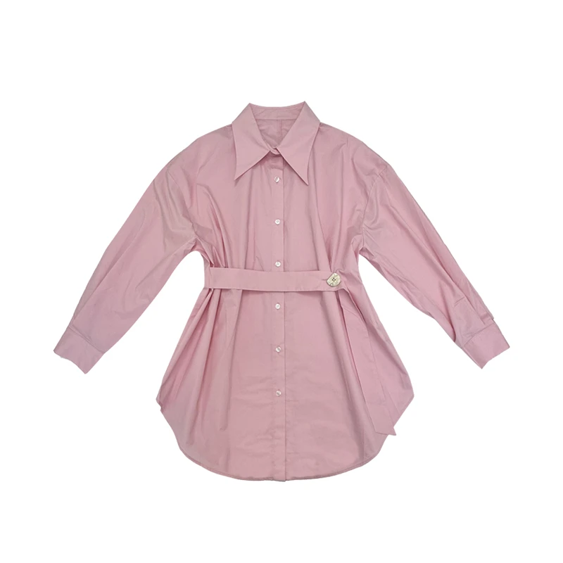 粉色衬衫连衣裙女 收腰显瘦 设计感小众中长款上衣 2024春季新款