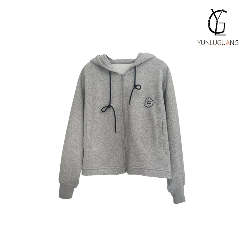 潮奢女士短款棉混纺拉链连帽衫上衣外套休闲百搭灰色